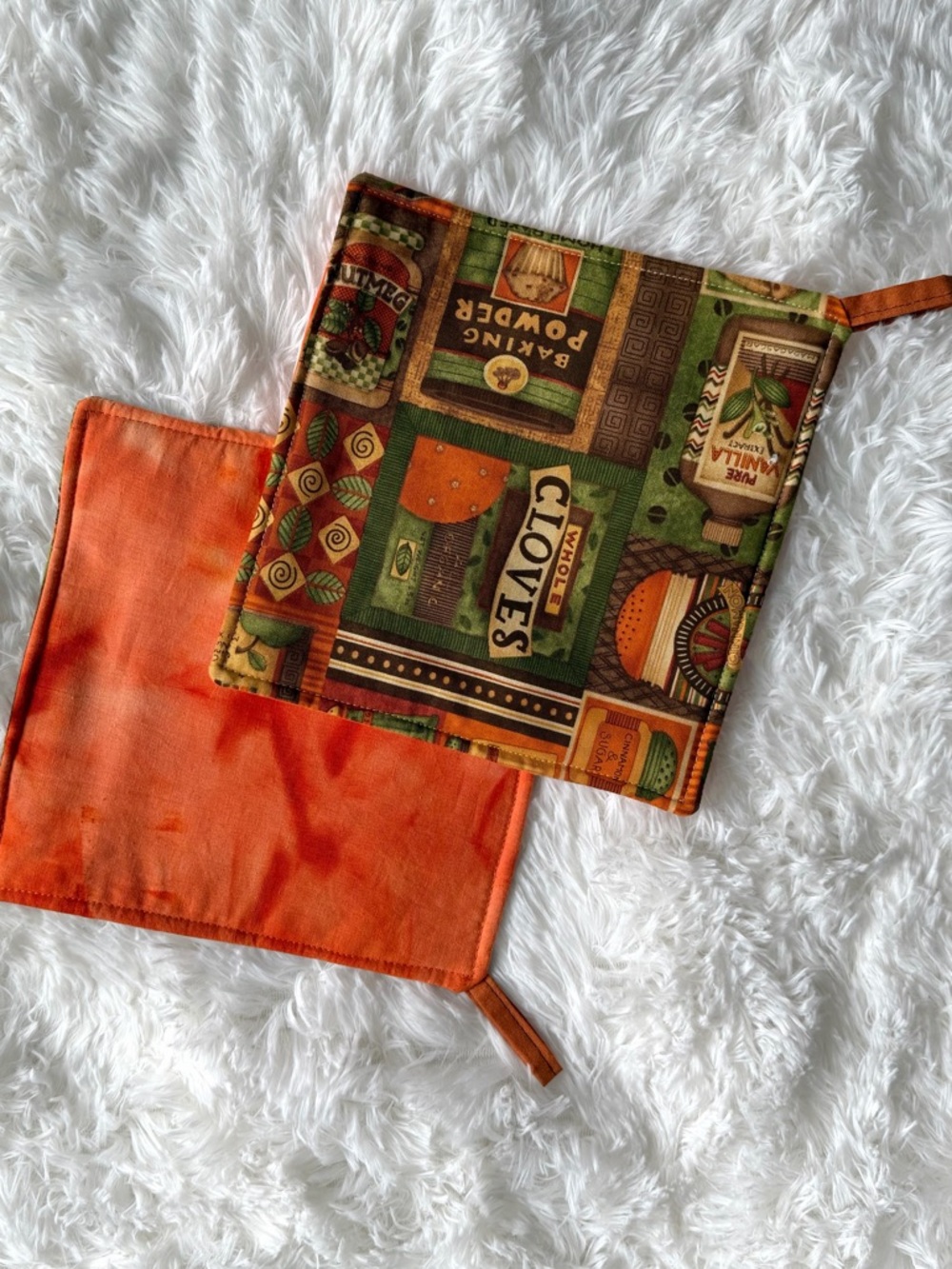 Handmade Cotton Orange and Spice-Print Pot Holders Clove Fall Cottage